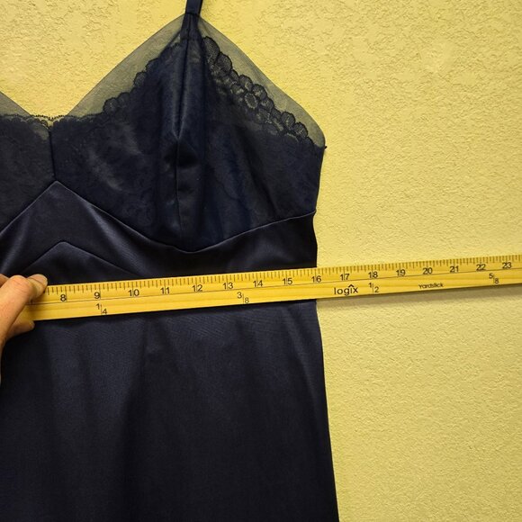 Vintage Navy Blue Lace Trim Satin Slip Gown Nightgown Adjustable Straps S - Picture 6 of 9